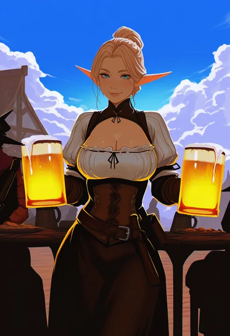 Smooth_Quality, blocky, painterly, 1girl, solo focus, female, solo, elf girl, elf ears, medieval, tavern, fantasy setting, outdoors, barmaid, cleavage, dual wielding, beer mug, round tables, multiple others, glowing beverage, holding, seductive, standing, looking at viewer, smile, day, blue sky, clouds, cowboy shot, <lora:IncaseStyle_NoobAI:1>
