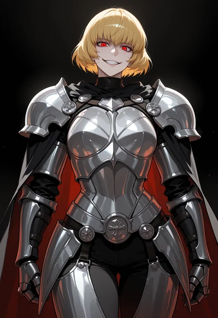 masterpiece, best quality, highly detailed, ultra-realistic, score_9, score_8_up, score_7_up, score_6_up,
1woman, solo, sporty female, mature girl, big woman, warrior women, Clementine, long face, (hellsing style), nice skin, short hair, blonde hair, red eyes, bangs, looking at viewer,
aesthetic heavy knight armor, ((iron outfit, silver ornament, multicolor)), fullmetal armor, cuirasse, gaiters, gauntlets, knight, classy, elegant, stylish, joker attitude, cape,
stands proudly, tall woman, nice hips, psycho smile, teeth, detailed eyes, detailed face, empty hands,
fit, toned, stands proudly, outdoors, (black background:1.2), <lora:Clementine_Overlord:0.7>