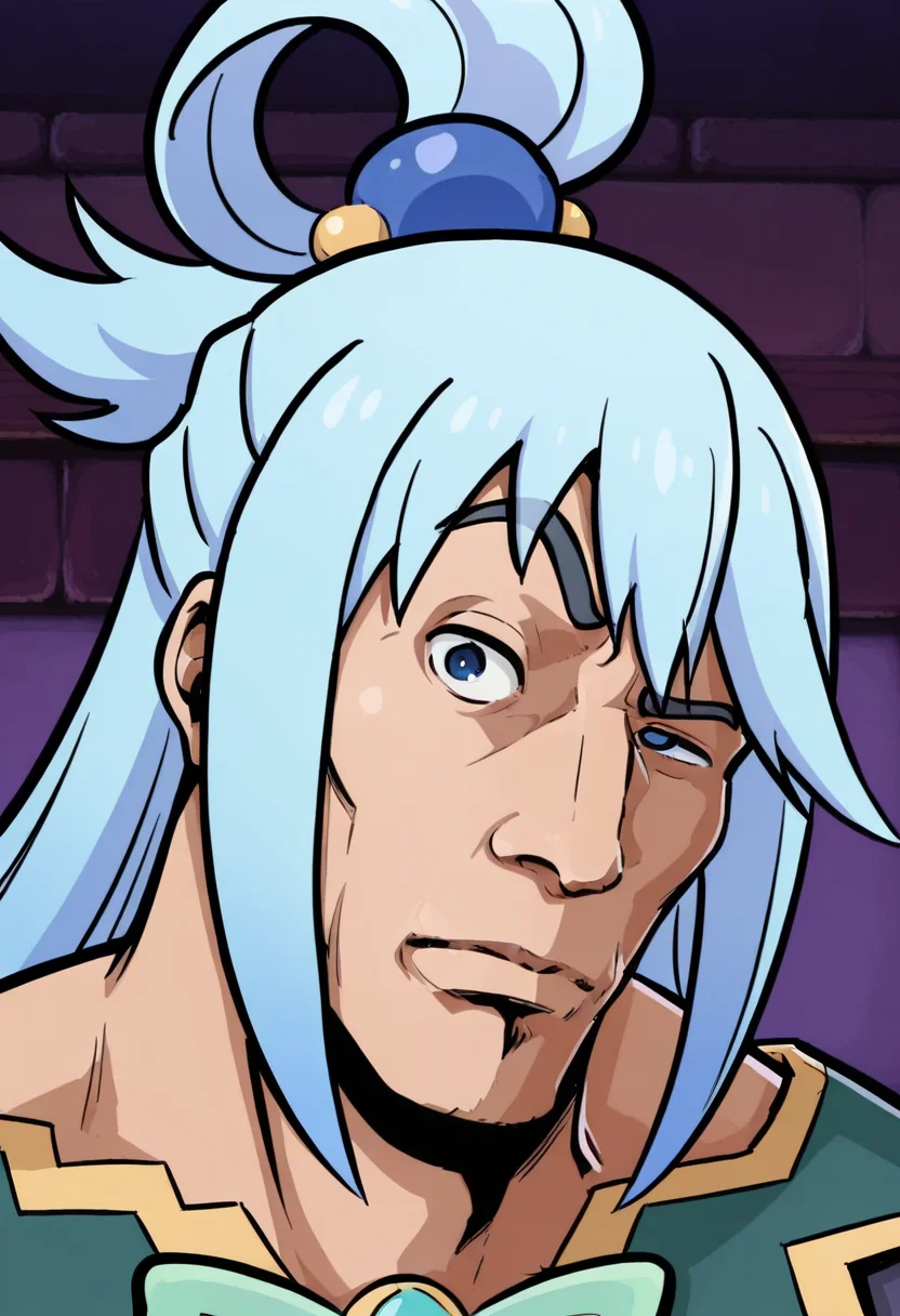 masterpiece, high quality, r0ckbr0w, looking at viewer, raised eyebrow, closed mouth, 1boy, solo, male focus, upper body, head tilt, manly, thick eyebrows, aqua from konosuba,