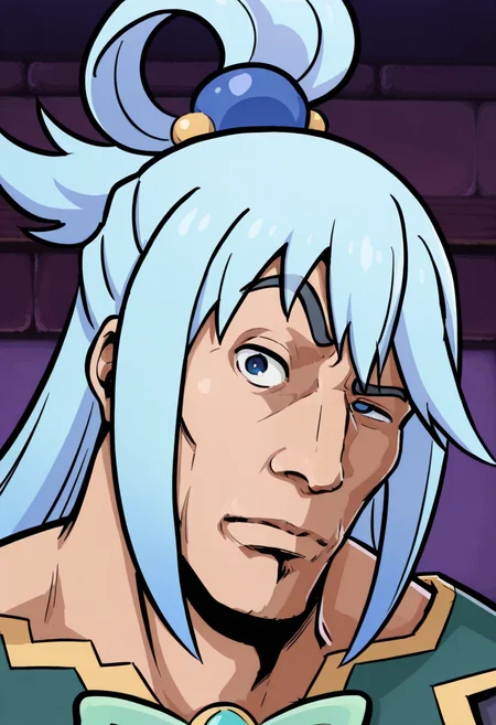 masterpiece, high quality, r0ckbr0w, looking at viewer, raised eyebrow, closed mouth, 1boy, solo, male focus, upper body, head tilt, manly, thick eyebrows, aqua from konosuba,