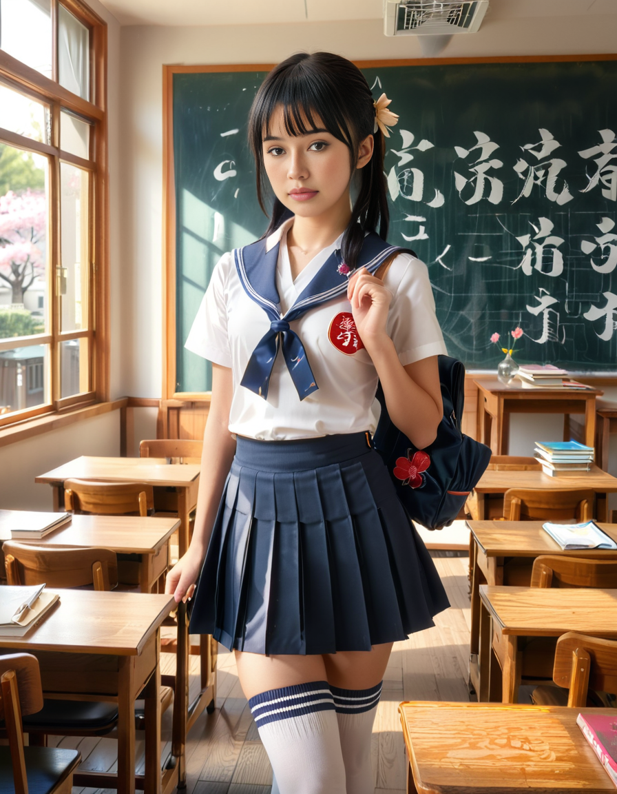 A Japanese schoolgirl standing in a traditional Japanese classroom during daytime. She wears a classic navy blue and white sailor-style school uniform with a pleated skirt, a ribbon tied at the collar, and knee-high socks. She has neatly styled black hair, possibly in a ponytail or straight with bangs, and carries a school bag over one shoulder. Her expression is calm and focused, with a hint of curiosity or determination.
The classroom features wooden desks and chairs arranged in rows, a large chalkboard with neatly written Japanese characters, and sunlight streaming in through large windows that reveal cherry blossom trees outside. Educational posters with kanji and hiragana are displayed on the walls, and a clock hangs above the board. The atmosphere is warm and nostalgic, capturing the essence of a Japanese school setting in a realistic and highly detailed photograph.
<lora:SDXLFaeTastic2400:0.4> <lora:extremely_detailed:0.4> extremely detailed, <lora:Japanese_cl4ssr00m:1>,Japanese cl4ssr00m, Masterpiece,best quality,hi res,8k,hi res,8k,award winning,(sharp focus, intricate, highly detailed),