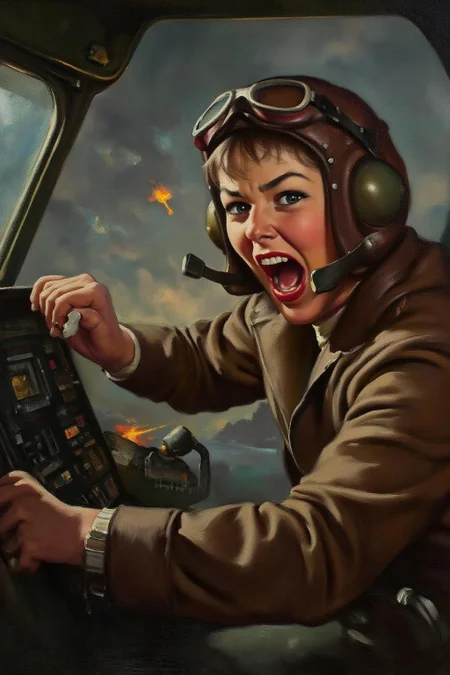 gilelvgren1 illustration.
A female pilot screaming inside the cockpit of a World War II bomber. The pilot, wearing a vintage leather flight helmet with goggles and a bomber jacket, grips the controls with white-knuckled hands. Her face is contorted in a mix of fear and determination as she yells, her eyes wide with adrenaline. The cockpit is cramped and filled with old-fashioned dials and gauges, with the outside view showing dark stormy clouds and distant anti-aircraft fire. <lora:gilelvgren1_d8a4e9a:1.0><lora:868552848709840804:0>