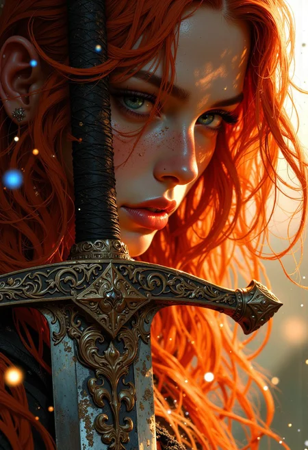 weibo, drawing, illustration retro 90's, yoji shinkawa, James Jean, Ayami Kojima, chromatic aberration, detail, high contrast, closeup_face, magical_dust, ethereal_glow, bokeh_background, autumn_colors, magical_ambiance, enchanting_scene, fantasy_closeup, warm_lighting, cinematic view, volumetric lighting, perspective, gritty_texture, sexy_body, woman, introspective_gaze, melancholic_mood, cinematic, ethereal, soft_light, serene, intense_detail, photorealistic, (sharp focus:1.3). An extreme close-up of a mythical woman-warrior's face, delicate and pale as snow, with long flowing crimson hair that cascades messily around her face, partially obscuring one of her piercing, teal-colored eyes. Her delicate features convey a sense of quiet sadness and introspection, her lips slightly parted as if caught mid-thought. A large, weathered sword rests upright beneath her chin, its hilt subtly textured and dark, contrasting with her pale complexion, adding that gleams softly in the warm light with a subtle shimmer that hints at her ethereal nature. The sword glows softly, surrounded by a swirling aura of magical golden dust that sparkles and dances in the air. The background is artfully blurred with a bokeh effect, showcasing warm, autumnal hues of fiery orange and golden light. The focus is on her face and the sword. The image is highly detailed, with a focus on the textures of her skin, emphasizing enhancing the dramatic and bold aesthetic of the image.
DB4RZ, DB4RZ style painting,
