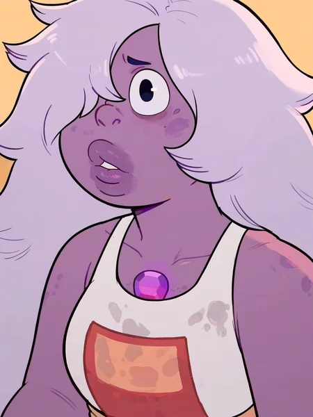 <lora:Amethyst:0.5> a_tst, 1girl, bright lilac skin, long messy hair, pale lavender hair, black eyes, band obscured eye, plump lips, small upturned nose, gemstone on chest,
<lora:incase_v14:0.9> breasts, female, score_9, score_8_up, score_7_up,