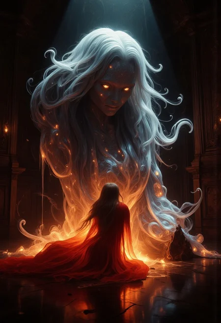 An ethereal, glowing, ghostly, otherworldly presence of a woman like creature, with glowing silver strands of metallic hair, softly glowing in a dimly lit room. She has no skin, she is made up of ethereal tendrils of smoke, glowing plasma, light and mist that undulating and shifts, as if she exists between worlds, with soft, shimmering edges blending into the shadows. Her eyes are deep and luminous orbs, filled with warmth and mystery, as she gazes directly at you, her lips curved in something resembling a gentle, knowing smile. She is wrapped in a glowing, linen shroud. The room is bathed in a soft, mystical glow, with faint, swirling patterns of ethereal light surrounding her, adding to her supernatural allure. Floating through space. There is also a small woman in the room, with dark hair and dressed in a flowing red robe, looking up at the larger than life ethereal creature and basking in her glow.