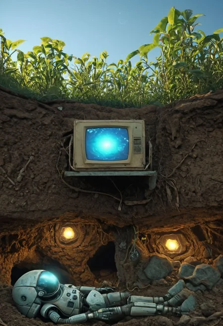 Cross-section, Side View, Cross section of an meadow with an tree above and a forgotten cave beneath, large roots from the tree beneath, Blue Sky, Underground City beneath in Underground with outworn sci-fi crt-screens, computer and consoles, eerie glowing translucent dusty robot servant, Large earth crust, translucent gems, earthworm and ant tunnels beneath in Underground, atmospheric haze, Film grain, cinematic film still, shallow depth of field, highly detailed, high budget, cinemascope, moody, epic, OverallDetail, gorgeous, 2000s vintage RAW photo, photorealistic, candid camera, color graded cinematic, eye catchlights, atmospheric lighting, skin pores, imperfections, natural, shallow dof,.
