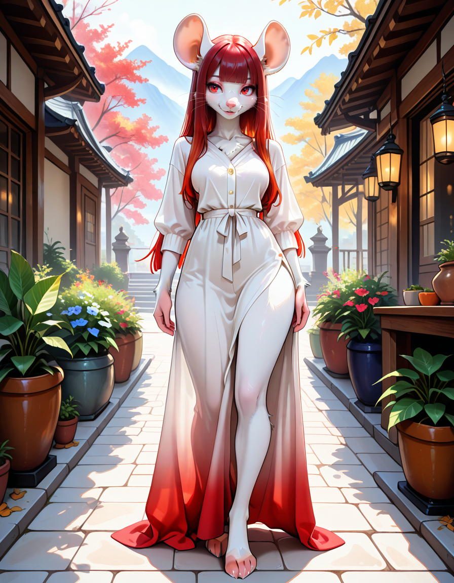 masterpiece, best quality, very aesthetic, absurdres,
outdoors,
full body,  standing, posing, casual, 
seductive smile, parted lips, long eyelashes,
<lora:Aniya_v01_NAIXL:1>
Aniya, 1girl, solo, furry, furry female, mouse girl, long hair, red hair, gradient hair, straight hair, blunt bangs, sidelocks, red eyes, long snout, animal nose, whiskers, body fur, white fur,