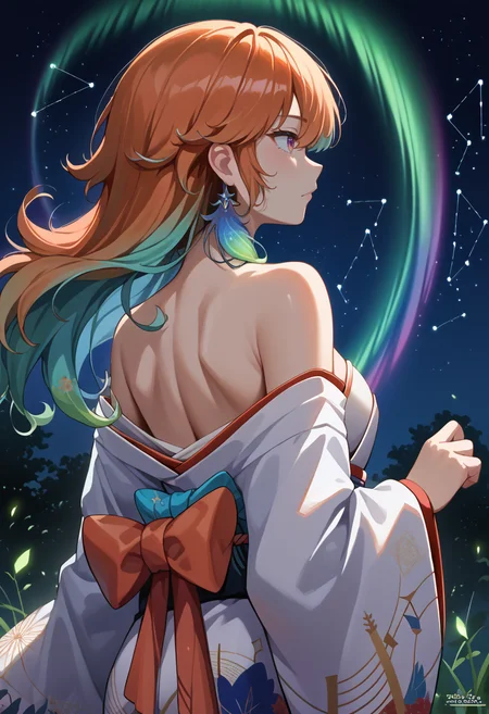score_9, score_8_up, source_anime, TakanashiKiara, long hair, gradient hair, hair between eyes, feather earrings, aurora, back, bare back, bare shoulders, constellation, from behind, kimono, light particles, long sleeves, off shoulder, night, dark environment, <lora:ChamTakanashiKiaraV2PonyXL:1>