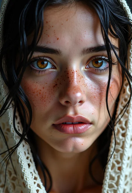 This is a highly detailed, professional digital photo featuring a close-up of an european young woman's face. The subject has a fair complexion with a warm undertone, accentuated by a sprinkle of freckles across her cheeks and nose. Her eyes are a striking, vivid amber, framed by thick, dark lashes and slightly arched eyebrows. She has full lips with a natural pink hue, slightly parted as if in the midst of speaking or sighing. The woman's dark, wet hair cascades over her shoulders, suggesting she might have just emerged from water or is in a humid environment. A delicate, embroidered fabric, likely part of a traditional garment, drapes over her head and shoulders, adding a textured, intricate pattern to the image. The lighting is soft yet direct, casting gentle shadows that enhance the contours of her face and the texture of her skin. The overall mood of the photo is serene yet intense, capturing a moment of quiet introspection or calm contemplation. The style is hyper-realistic with a touch of painterly finesse, emphasizing natural beauty and subtle details.