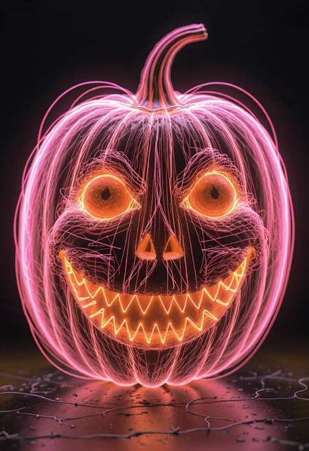 red-pink virtual wireframe jack-o'-lantern made from pure light, glitching out like halloween on acid <lora:dmd2_sdxl_4step_lora> <lora:xl_Made_of_Light>