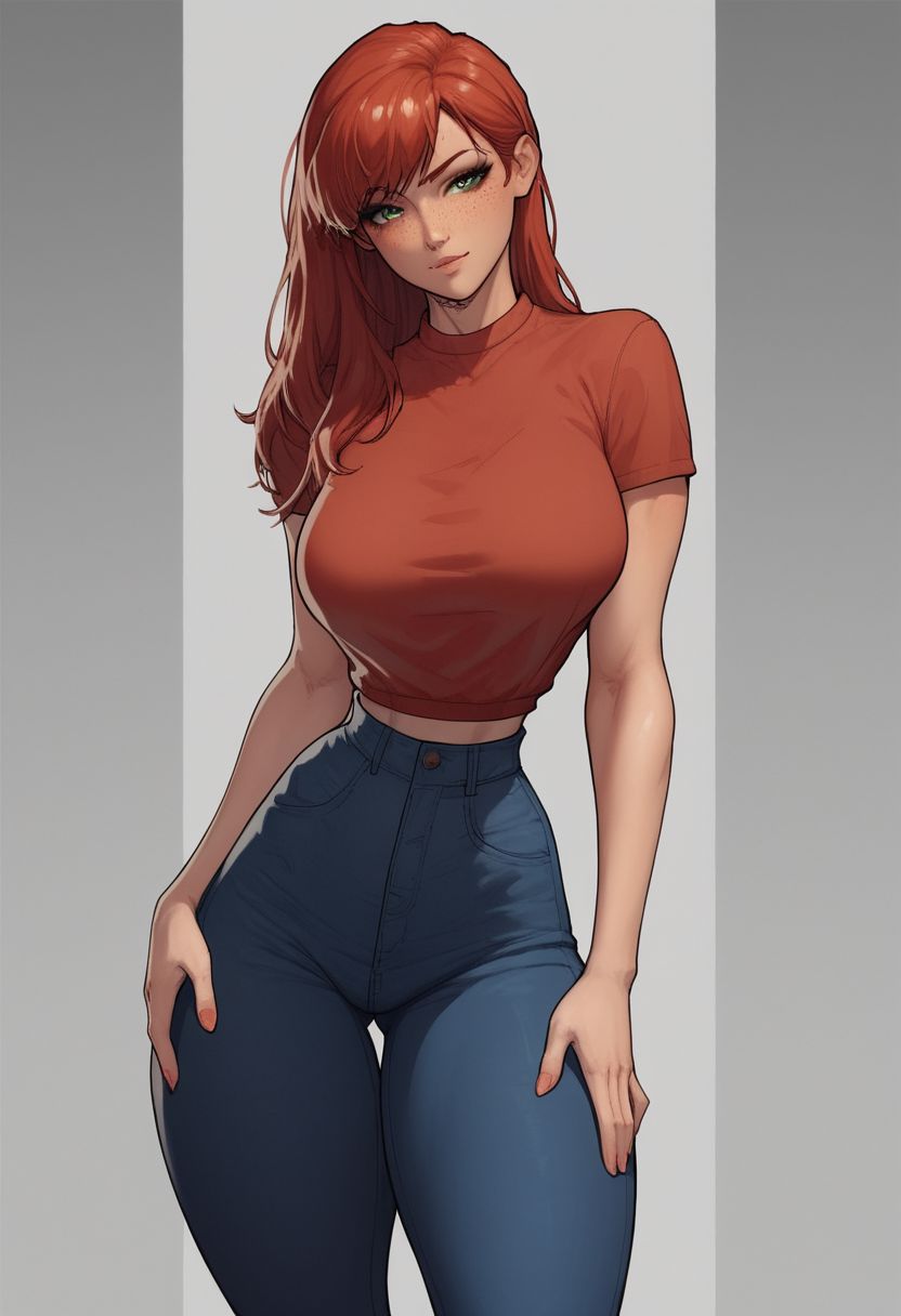 score_9, score_8_up, score_8, rating_explicit,  (((fully clothed))),  very tall girl, slim build, mary jane Watson, long red hair, freckles, green eyes, narrow model body, sexy, cropped oversize top, massive breasts, narrow waist, wide hips,