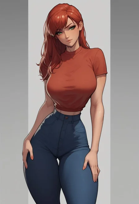 score_9, score_8_up, score_8, rating_explicit, (((fully clothed))), very tall girl, slim build, mary jane Watson, long red hair, freckles, green eyes, narrow model body, sexy, cropped oversize top, massive breasts, narrow waist, wide hips,