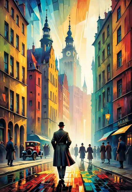 Retro warszawa 1920-1930, with a man on the side, on street, hud_m4x_4bstr4ct_styl, colorful, abstract, Alex Andreev style page