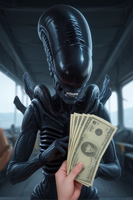 score_9, score_8_up, score_7_up,film photography,
35mm vintage photo,
pov, holding money, looking at viewer,xenomorph, alien (franchise), female,rating_questionable,
best quality, masterpiece, realistic,hyper-detailed,depth of field,
<lora:sdxl_lightning_8step_lora:1>,
 <lora:POV_holding_money:1> <lora:xenomorph_pdxl:1>