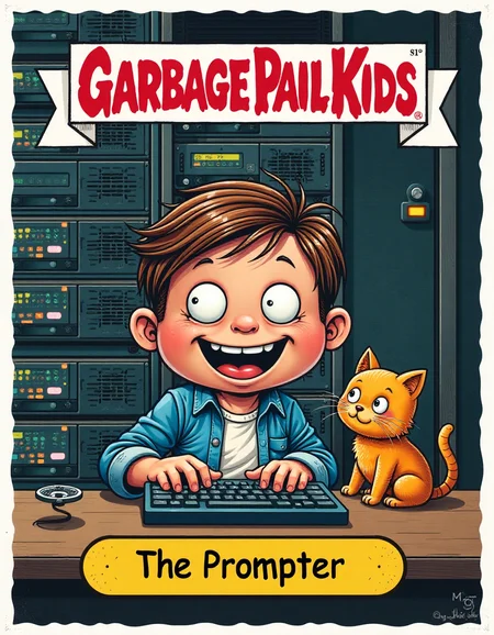 A cartoon character with a mischievous grin sits in front of a huge computer server with his cat, he's holding a keyboard, in front of a "Garbage Pail Kids" red banner.
Yellow, long oval badge with the text that says "The Prompter" at the bottom center of the image
