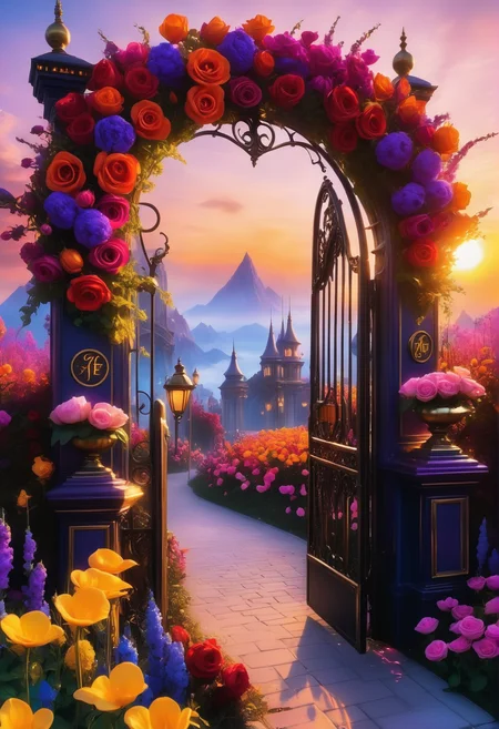 sunrise shines,landscape of a reij-ebsu gate,retro sci fi steampunk, fire <lora:ebony sunset-000001:1>, empty place, the gate surrounded by flowers is made of pam-flwr <lora:SDXL_FLOWER_STYLE:0.9>, a reij-mg outdoor room, neon light <lora:reij-moderngothic:0.8>, landscape of a (Station Square:1.2) , very Cluttered, Sketched, Light and shadow plays, F/1.8, vintage, futuristic, epic, magical, perfect composition, fabulous colors, aesthetic, full color