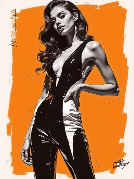 mad-mdrnmnmlsm painting of woman wearing a futuristic dress, smiling, upper body, text banner reading "modern minimalism" <lora:modern-minimalism-flux:1.2> brush_stroke, orange