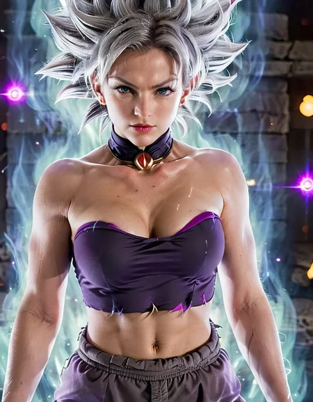 cinematic photo 1girl, aura, medium breasts, ultra instinct, torn clothes, torn pants, looking at viewer, purple pants, super saiyan, full body, navel, spiked hair, strapless, midriff, crop top, bare shoulders, collarbone, twitter username, floating, grey eyes, grey hair, tube top, beautiful, highly detailed, divine
<lora:UltraInstinct-000007:.75>, , <lora:FILM_PHOTOGRAPHY_STYLE:0.25> . 35mm photograph, film, bokeh, professional, 4k, highly detailed