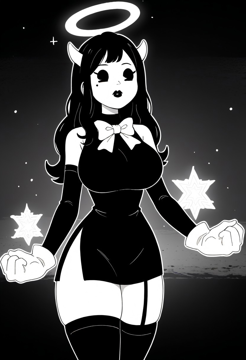 AliceAngelBATIM, 1girl, White horns, White halo, glowing halo, black eyes. Dot eyes, Black lipstick. White skin, black hair, long hair, beauty mark. Black and white. White bowtie, sleeveless, black sleeves, White gloves, black leg straps, Big Breasts. Sexy Christmas