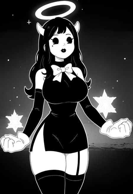 AliceAngelBATIM, 1girl, White horns, White halo, glowing halo, black eyes. Dot eyes, Black lipstick. White skin, black hair, long hair, beauty mark. Black and white. White bowtie, sleeveless, black sleeves, White gloves, black leg straps, Big Breasts. Sexy Christmas