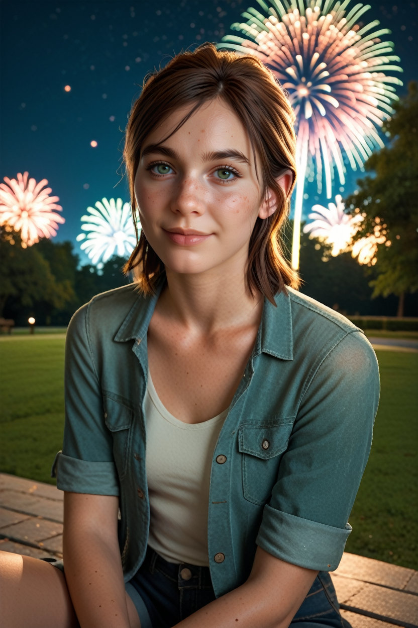 score_9, score_8_up, score_7_up, score_6_up
<lora:TLOU2Ellie:0.8>
TLOU2Ellie, 1girl, brown hair, green eyes, looking at viewer, sitting, at night, fireworks, park, looking up, smile