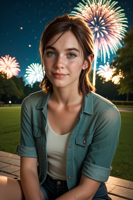 score_9, score_8_up, score_7_up, score_6_up
<lora:TLOU2Ellie:0.8>
TLOU2Ellie, 1girl, brown hair, green eyes, looking at viewer, sitting, at night, fireworks, park, looking up, smile