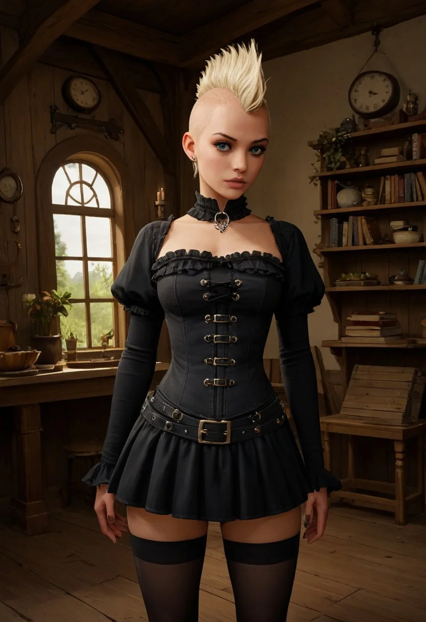 Score_9, score_8_up, score_7_up, 1womam, civitametapunksdxl_fem, female focus, witch, blonde hair, mohawk, black corset, black stockings, gothic cottage