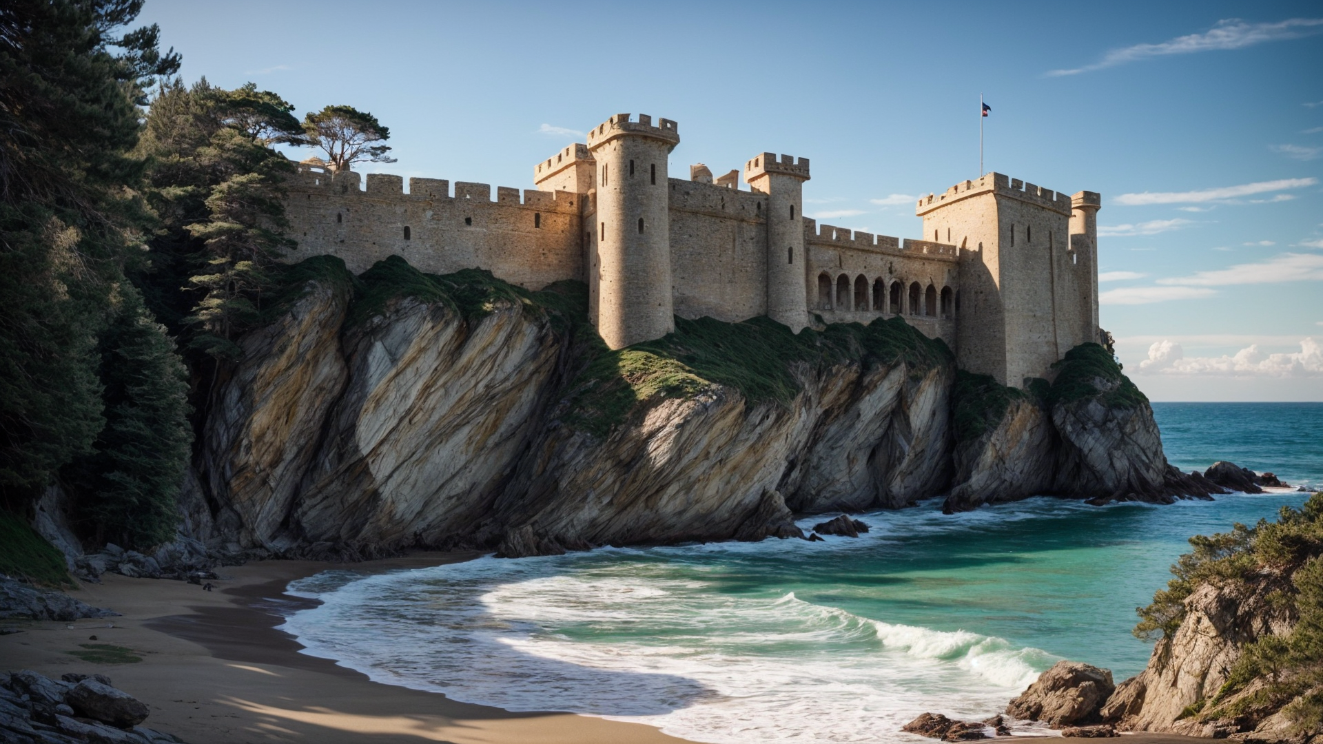 Stormwind Citadel: A massive fortress perched on a rocky cliff, overlooking the turbulent sea. Its towering walls are made of gray stone, and the banners of a majestic lion flutter in the wind. BREAK realistic:1.2, masterpeice, ultradetailed, intricate details, perfect quality, ultrashapr, ultradetailed, photorealistic, perfect shadows, profesional lights, realistic, boekh, rim lights, depth of fiel, ultradetailed character, pefect quality, maximum quality, intricate details, realistic, real shadow, (profesional lights:1.3) (profesional photography:1.3),