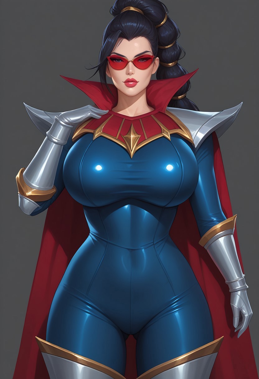 safe_pos, Score_9_up, score_8_up, score_7_up, Bo Wei Style,  very detailed,  highly detailed texture, smooth, smooth colour, block colour, flat color, solo, Vayne(League of legends, black hair high ponytail, blue eyes, gold hairbands,ASCII Vayne (League of Legends, black hair, blue eyes, gold hairbands, high ponytail, red catseye glasses), vayne, red catseye glasses, red tinted glasses with black frame, (opaque dark red catseye  glasses with black frame:1.8), huge breasts, big cleavage, light brown eyes) huge ass, thick ass, (dark blue full bodysuit:1.4), thick thighs, silver armor boots, silver armor gloves, red cape, front view, seducing, looking at viewer, Expressiveh, big natural breasts, expressiveh, oiled body, high quality, show full body,) ultra high quality, bimbo lips, bimbo proportions,  sexy posing, hand on hip, full body view