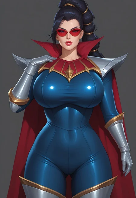 safe_pos, Score_9_up, score_8_up, score_7_up, Bo Wei Style, very detailed, highly detailed texture, smooth, smooth colour, block colour, flat color, solo, Vayne(League of legends, black hair high ponytail, blue eyes, gold hairbands,ASCII Vayne (League of Legends, black hair, blue eyes, gold hairbands, high ponytail, red catseye glasses), vayne, red catseye glasses, red tinted glasses with black frame, (opaque dark red catseye glasses with black frame:1.8), huge breasts, big cleavage, light brown eyes) huge ass, thick ass, (dark blue full bodysuit:1.4), thick thighs, silver armor boots, silver armor gloves, red cape, front view, seducing, looking at viewer, Expressiveh, big natural breasts, expressiveh, oiled body, high quality, show full body,) ultra high quality, bimbo lips, bimbo proportions, sexy posing, hand on hip, full body view