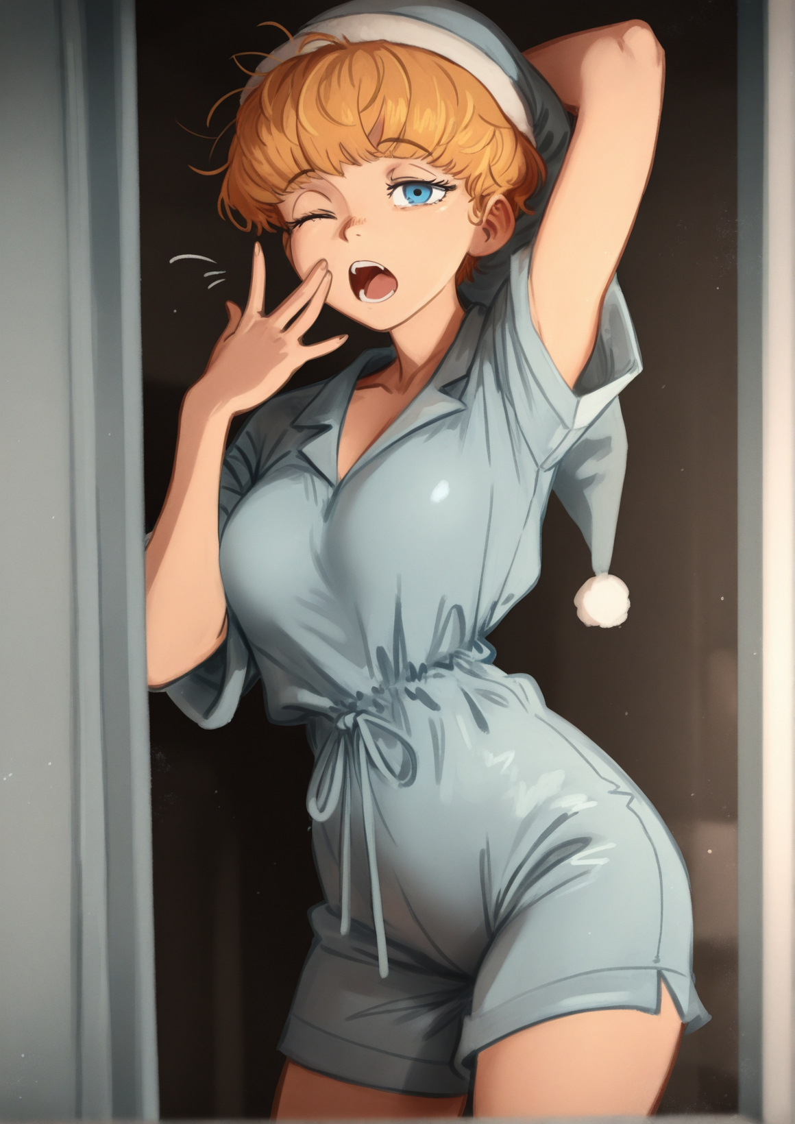 masterpiece, best quality, newest, absurdres, highres, new, solo, 1girl, blue eyes, d'arce \(fear & hunger\), sleepwear, nightcap, yawning, cowboy shot <lora:d'arce_Illustrious-000012:1>, (khyle.:0.8)