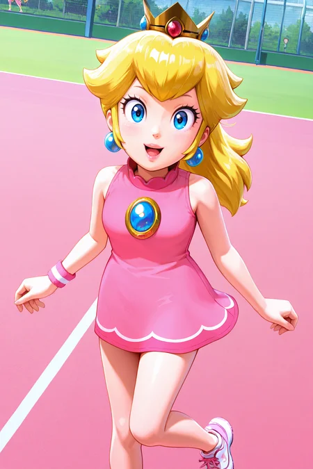 <lora:OMS_Peach_Tennis-15:1>
2d, anime screencap, omsPeachTennis, 1girl,solo, blue eyes, lips, long hair, ponytail, pink dress, tennis uniform, sportswear, bare shoulders, wristband, shoes, sleeveless dress, crown, jewelry, earrings
amazing quality,very aesthetic,absurdres,newest,
tennis court,looking at viewer, smile, :D,