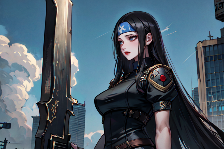 highly insanely detailed, masterpiece, top quality, best quality, highres, 4k, 8k, RAW photo, (very aesthetic, beautiful and aesthetic),  
beth_\(megami_tensei\),bethsmtii,shin megami tensei ii,long hair,black hair,straight hair,sleek black,jewelry,cross,headband,red_lipstick,katana,sword,Tokyo_Millennium,post-apocalyptic_city,dystopian_world,Valhalla,Entertainment_district,Millennium_News_Network,City_news,propaganda_broadcasts,information_contro,Order_of_Messiah,Religious_order,messianic_cult,divine_rulers, 
<lora:zs_Beth:0.3>, 
(1girl:1.3), 1other, 
above clouds,Scenery,âââ