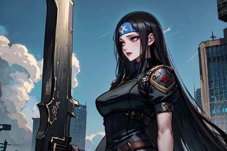 highly insanely detailed, masterpiece, top quality, best quality, highres, 4k, 8k, RAW photo, (very aesthetic, beautiful and aesthetic),
beth_\(megami_tensei\),bethsmtii,shin megami tensei ii,long hair,black hair,straight hair,sleek black,jewelry,cross,headband,red_lipstick,katana,sword,Tokyo_Millennium,post-apocalyptic_city,dystopian_world,Valhalla,Entertainment_district,Millennium_News_Network,City_news,propaganda_broadcasts,information_contro,Order_of_Messiah,Religious_order,messianic_cult,divine_rulers,
<lora:zs_Beth:0.3>,
(1girl:1.3), 1other,
above clouds,Scenery,âââ