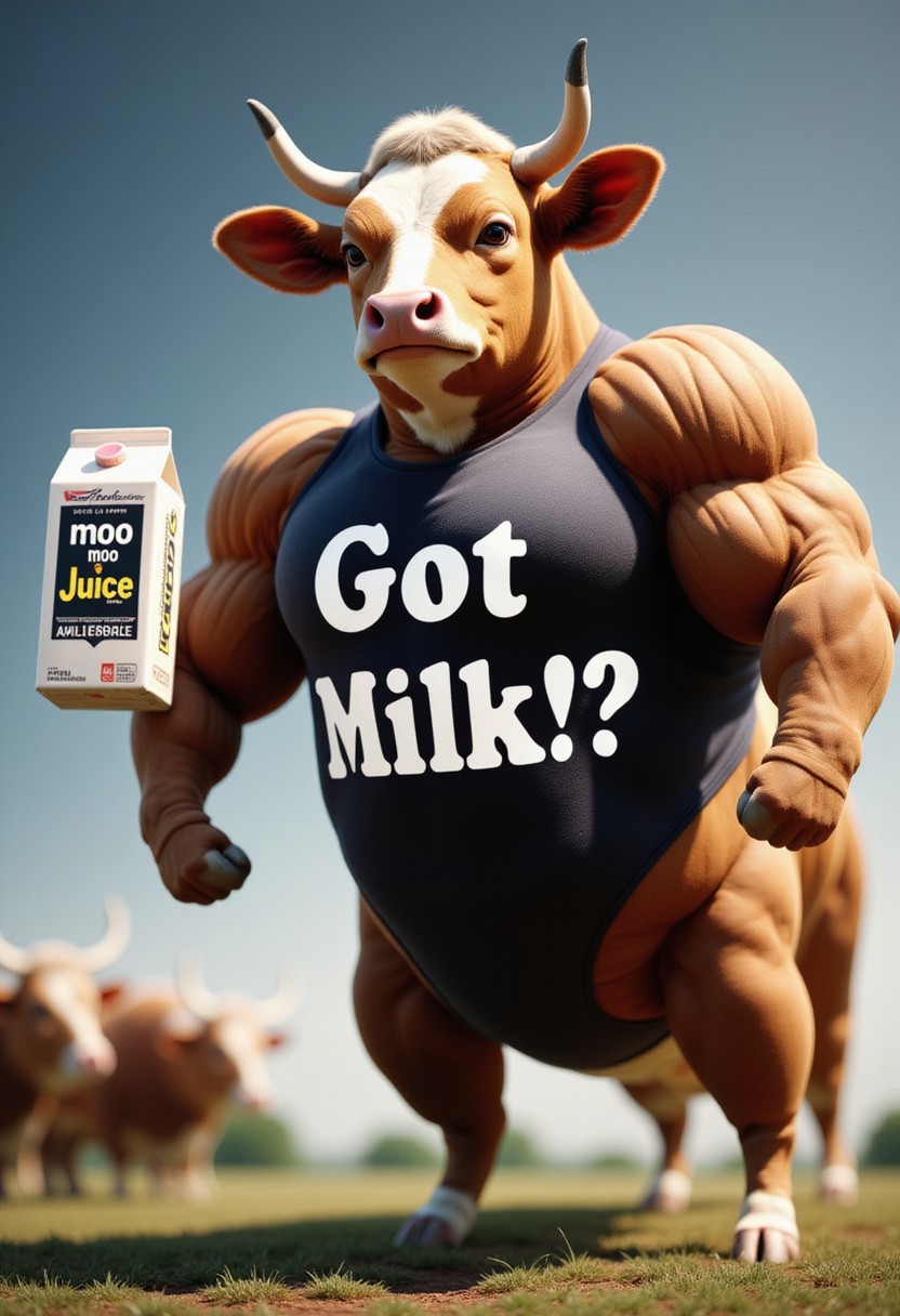 Anthroid Cow from the farm, wearing a sleeveless muscle shirt, standing on two legs while looking menacingly at the viewer, the word "Got Milk!?" is on the shirt in black and white spotted letters, holding a milk carton with the word "moo moo juice" on it. highest quality, 4k, masterpiece, HDR