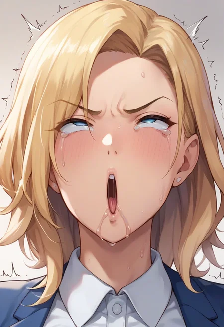 source_anime,mature female, score_7_up, mature female, masterpiece, 1girl, collared shirt, blonde hair, blue eyes , parted bangs, medium hair, focus on face, <lora:ohogao_PonyXL_v2:1> , ohogao, teary-eyed, drool, half-closed eyes, trembling, rolling eyes, open mouth, frown, angry