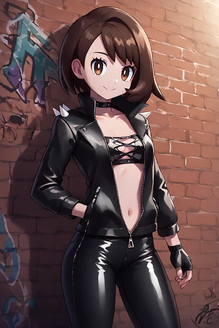 high resolution, highly detailed, perfect lighting, beautiful detailed eyes, ((masterpiece,best quality)), absurdres,      smile,  solo,  <lora:Gloria_Pokemon_P1:0.8>,       gloria (pokemon), solo, smile, looking at viewer, leather jacket, electric guitar, music notes,   leather pants, strapless bra, black jacket, tight pants, black choker, zipper, fingerless gloves, biker clothes, spikes, unzipped, multiple belts, shiny clothes, high collar, (graffiti:1.2), brick wall,