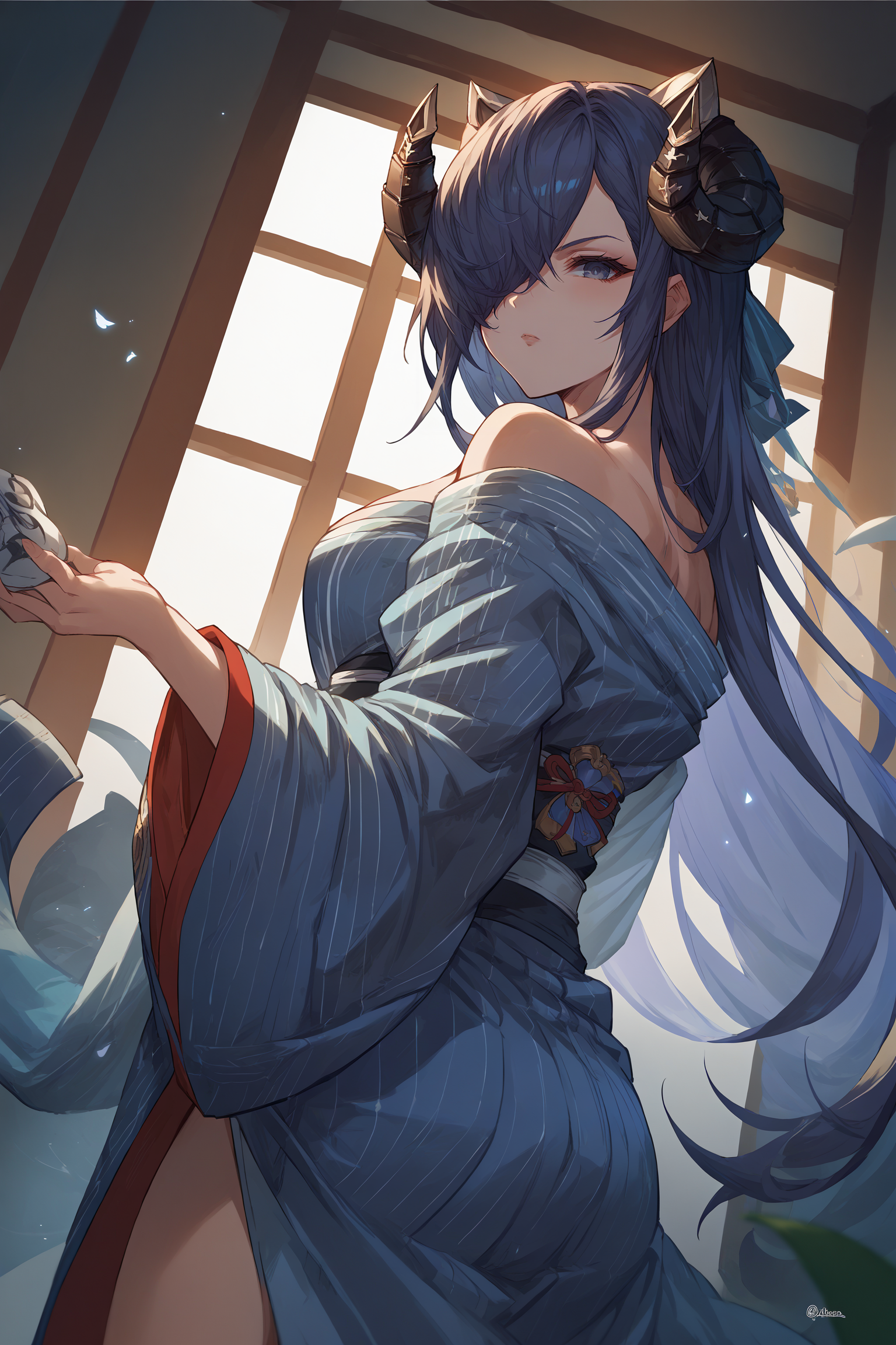 score_9, score_8_up, score_7_up, , rating_general,1girl ,avpsd, hair over one eye, mechanical curled horns, mechanical cat ears, yukata, dynamic angle, source_anime, <lora:AugustVonParsevalPDCAME AL:1>, <lora:GBFSplashArtXLPDv2:1>, gbsa, splash art, indoors,