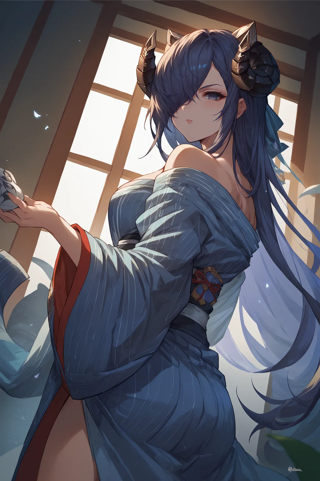 score_9, score_8_up, score_7_up, , rating_general,1girl ,avpsd, hair over one eye, mechanical curled horns, mechanical cat ears, yukata, dynamic angle, source_anime, <lora:AugustVonParsevalPDCAME AL:1>, <lora:GBFSplashArtXLPDv2:1>, gbsa, splash art, indoors,