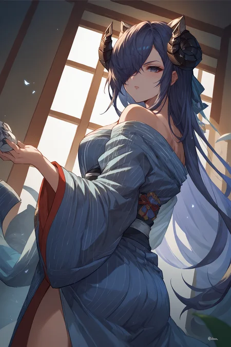 score_9, score_8_up, score_7_up, , rating_general,1girl ,avpsd, hair over one eye, mechanical curled horns, mechanical cat ears, yukata, dynamic angle, source_anime, <lora:AugustVonParsevalPDCAME AL:1>, <lora:GBFSplashArtXLPDv2:1>, gbsa, splash art, indoors,