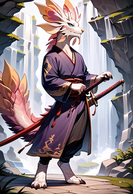 zPDXLscore_9,score_6_up,score_8_up,score_7_up,score_5_up,score_4_up,best quality, <lora:Mizutsune-XL-ADAM-V2-000035>, mizutsune, anthro, dragon, white scales, purple tail fur, male, solo, digitigrade, detailed tail, halfbody, black sclera, blue eyes, red eye shadow, tall, athletic, ronin clothes, sheathed sword, sheath pointing back, katana, male black color kimono, black medieval pants, standing pose, badass pose, serious expression, waterfall river background, detailed background,<lora:Smooth Anime 2 Style SDXL_LoRA_Pony Diffusion V6 XL:1>