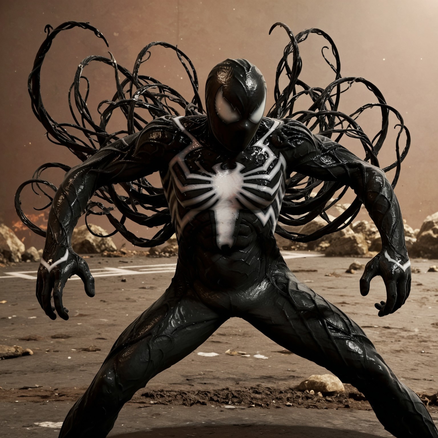 symbiote suit, black suit, black, venom logo, black mask, white eyes, white patches on hands, fighting pose, black webs, skinny, symbiote tendrils 
