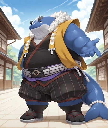 (masterpiece, best quality, newest, absurdres, highres, colorful, amazing_quality, high quality, detailed background), cinematic ambience, vibrant, very aesthetic, <lora:kii-14:1> t-kii, whale boy, 1boy,
, japanese clohtes, yellow_jinbaori, fur_trim, short_stole, brown yukata, obi, (black tabi), striped_capri_shorts, waraji, pearls on tails, red_trim