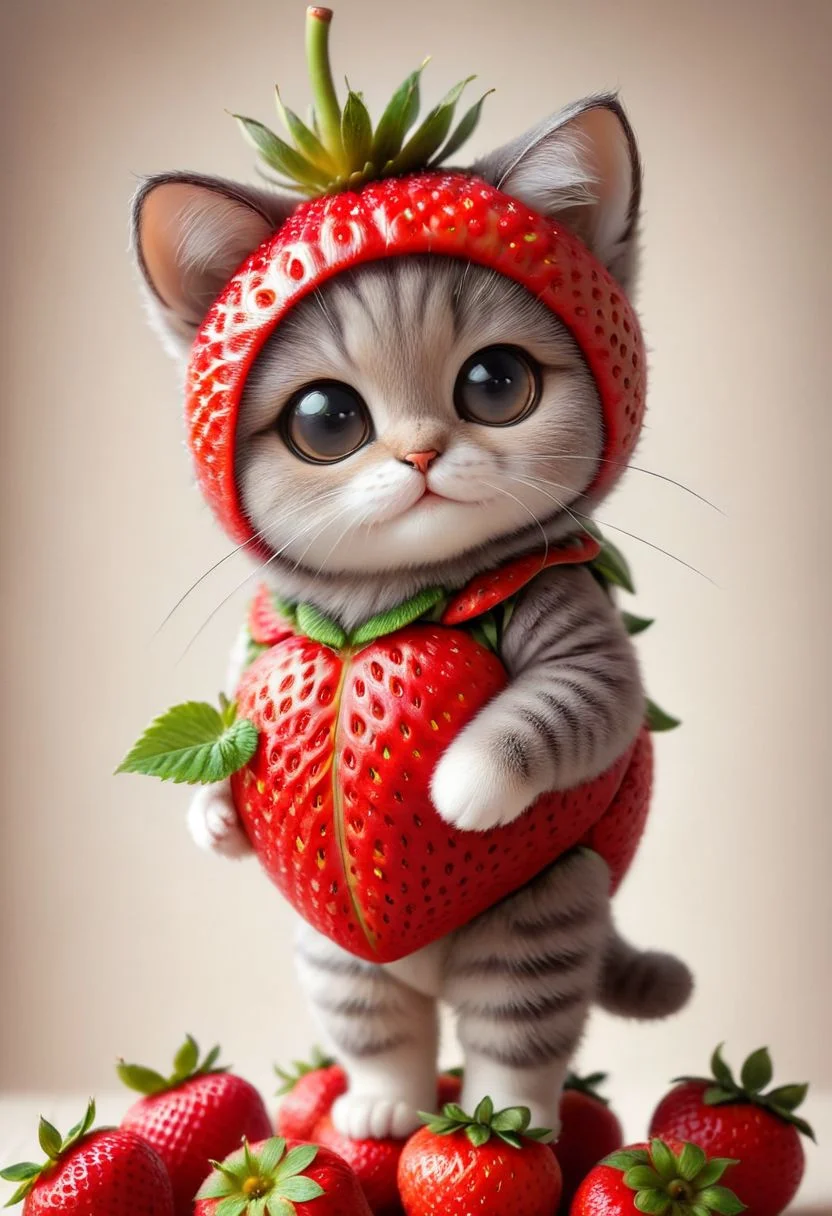 An award winning photo , a cute little baby cat,sitting around in a Strawberry costume, (fruit) , (((cuteness overload))) <lora:add-detail-xl:1>, <lora:WowifierXL-V2:1>, zhibi