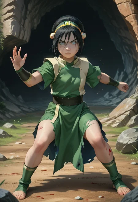 Expressive, score_6_up, score_7_up, score_8_up, score_9. Masterpiece, best quality, highly detailed, harmonious anatomy, (natural beauty:1.1), consistent details. fighting, chinese, toph bei fong, short black hair, white eyes, headband,hair ornament, blind, green chinese clothes, tunic, bracers, big boobs, musculous thights, ((adult: 1.5)), looking serious, fighting pose, floating rocks, canyon background, exposed skin, ((flashing thighs)), (torn clothes:1.2), [scar, blood, defeated, wounded], dynamic pose, dynamic view, perfect hands, martial art position,