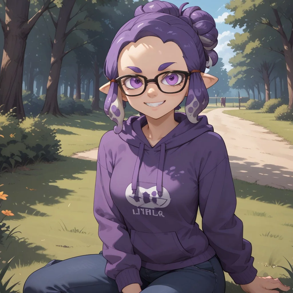 score_9, score_8, BREAK, solo, splatoon, inkling, female inkling, 1girl, tentacle hair, purple hair, single hair bun, purple eyes, glasses, cute, purple eyebrows, purple hoodie, purple jeans, barefoot, breasts, Jeanette_Romero_(\OC_Inkling\), sexy pose, self portrait, smile, outdoors, sunlight, shadows, evening lighting, natural lighting, forest, trees, grass, orange sky, sunset, sitting, feet, soles