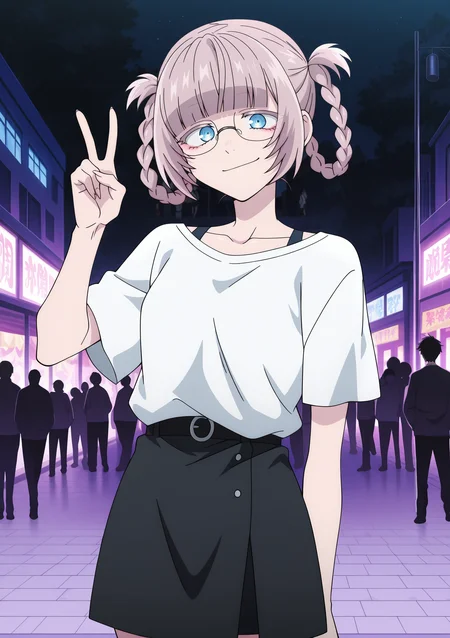 detailed background, official style,anime coloring, (anime screencap) masterpiece, detailed face,1girl <lora:Nazuna_Nanakusa-10:0.8>Nazuna, solo, glasses, skirt, shirt, blue eyes, hair rings, white shirt, grey hair, smile, bangs, braid, looking at viewer, black skirt, cowboy shot, short sleeves, collarbone, blunt bangs, standing, outdoors, short hair, breasts, night, closed mouth, twin braids, hand up, small breasts, crowd background, v, peace sign