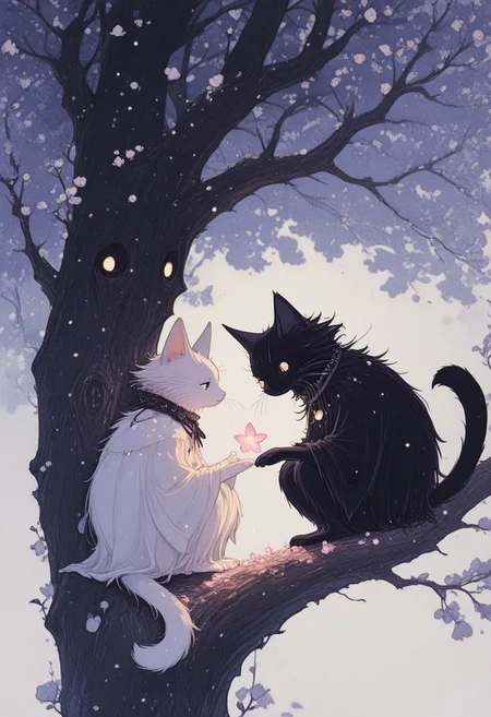 Studio Ghibli Dark Fairytale, masterpiece, best quality, absurdres, cats sitting on a tree branch, facing each other in an intimate and harmonious pose. The left cat is black, while the right cat is white, creating a striking contrast. They are surrounded by delicate, blooming branches with small flowers, adding a serene and romantic atmosphere. The background is softly blurred, focusing the viewer's attention on the cats and their interaction. The lighting is soft, emphasizing the texture of their fur and the gentle ambiance of the scene. pink heart in front of them, white sphere in the background, h4ra_illu, momosp