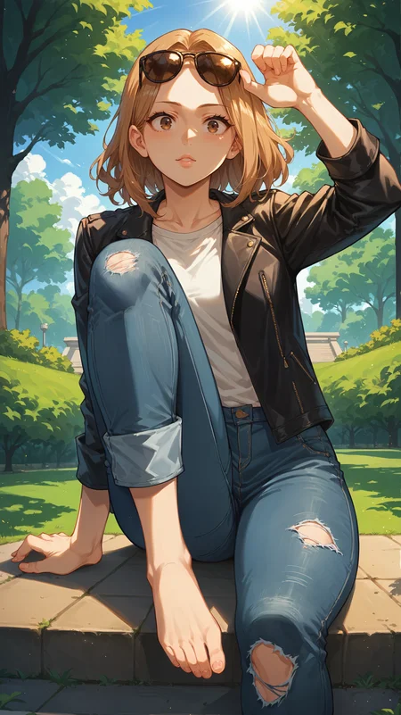 score_9,score_8_up,score_7_up,score_6_up, <lora:xl_more_art-full_v1:0.5>, source_anime, girl, dynamic pose, sitting with hands around her ankles, <lora:Camie Utsushimi - Pony:0.8>, brown hair, medium hair, brown eyes, torn jeans, leather jacket, sunglasses on head, park, light rays,