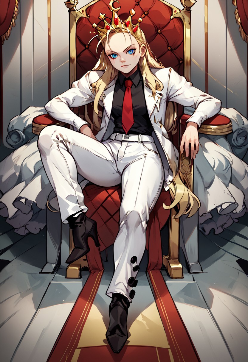 score_9, score_8_up, score_7_up, score_6_up, BREAK,uncensored, throne room, on throne ,1girl, devilotte, long blonde hair, hair slicked back, crown, blue eyes, white pants, black shirt, red tie, white suit jacket, high heel boots,